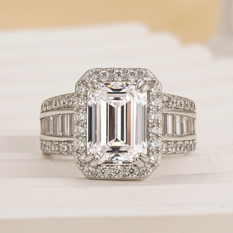 Polished Shape Louily Luxurious Emerald Cut Wide Engagement Ring In Sterling Silver