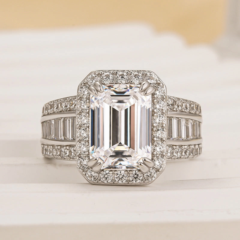 Louily Luxurious Emerald Cut Wide Engagement Ring In Sterling Silver Red Tone Opulent Touch