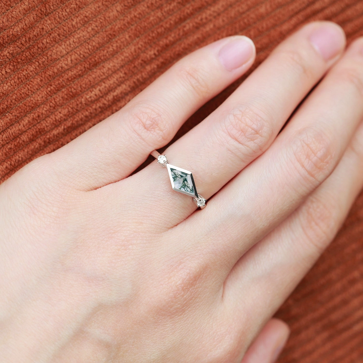 Everyday Charm Unique Detail East-West Moss Agate Rhombus Cut Bezel Set Ring