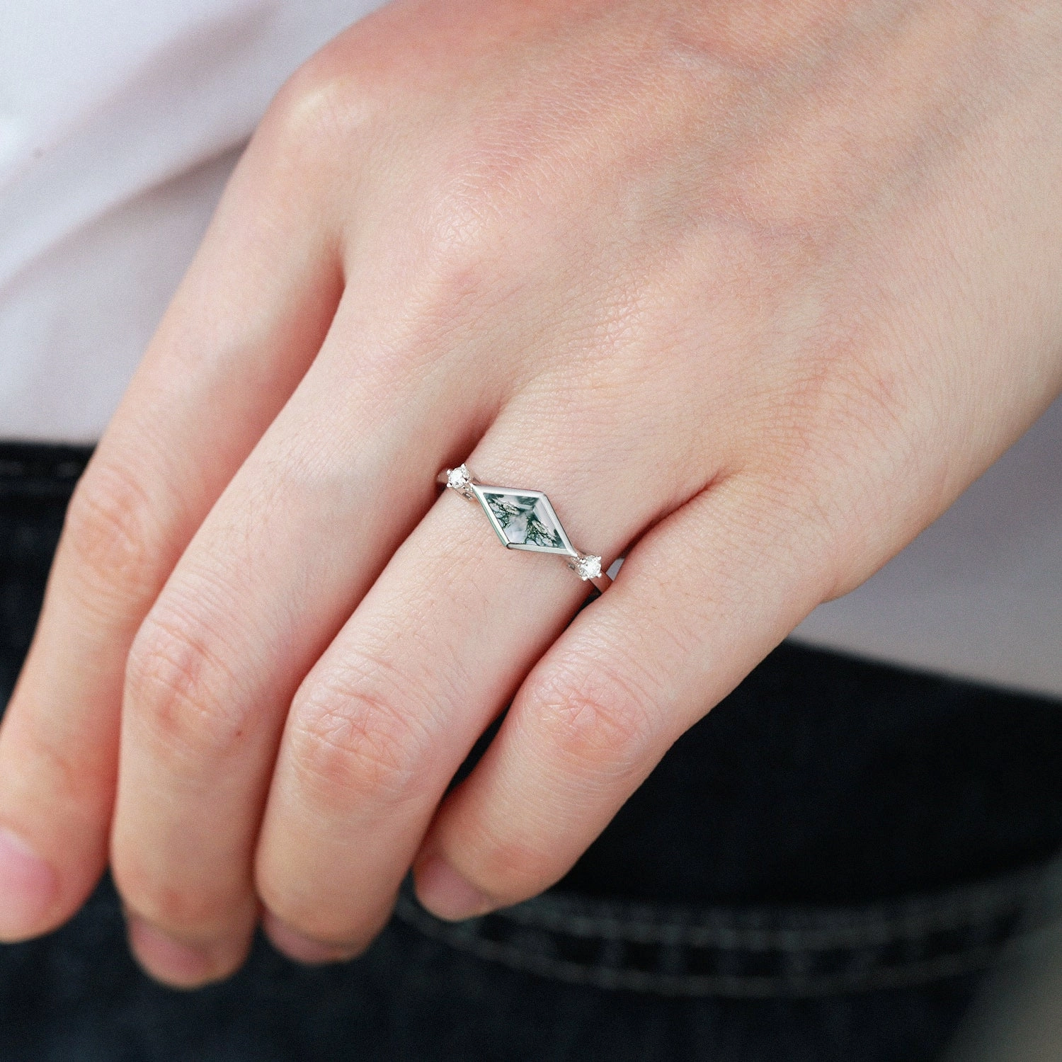 Exclusive Accessories East-West Moss Agate Rhombus Cut Bezel Set Ring