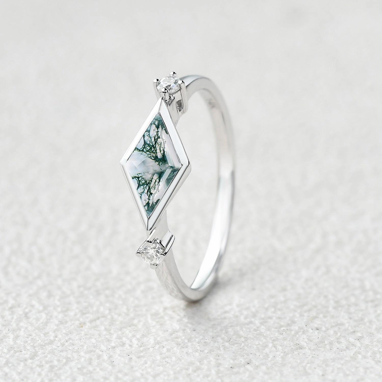 Minimal Style Gift Choice East-West Moss Agate Rhombus Cut Bezel Set Ring