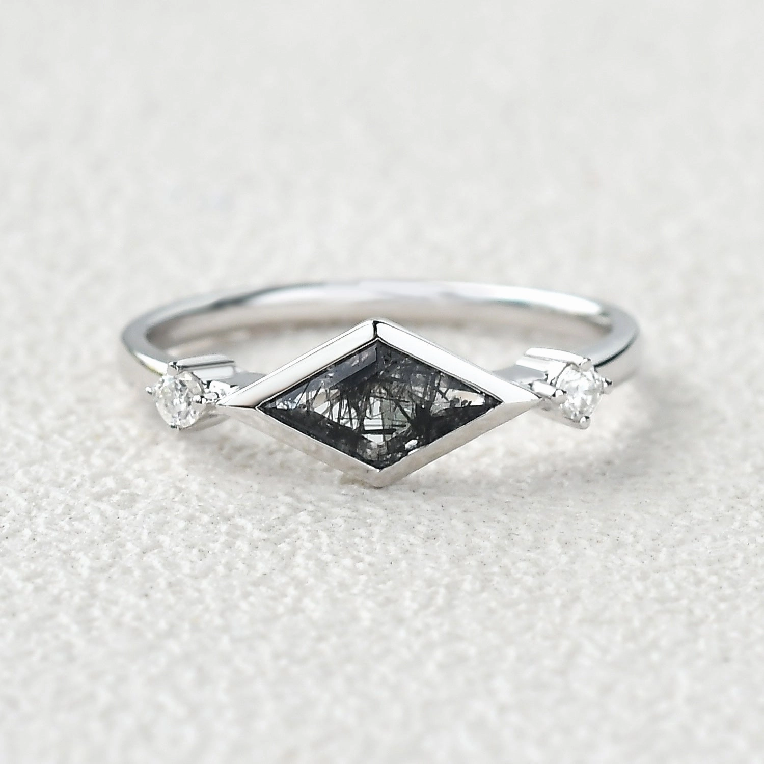 Special Look Sparkling Pieces East-West Moss Agate Rhombus Cut Bezel Set Ring