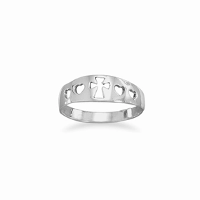 Cross and Hearts Band Ring Sizes 4-9 Sterling Silver Modern Detail