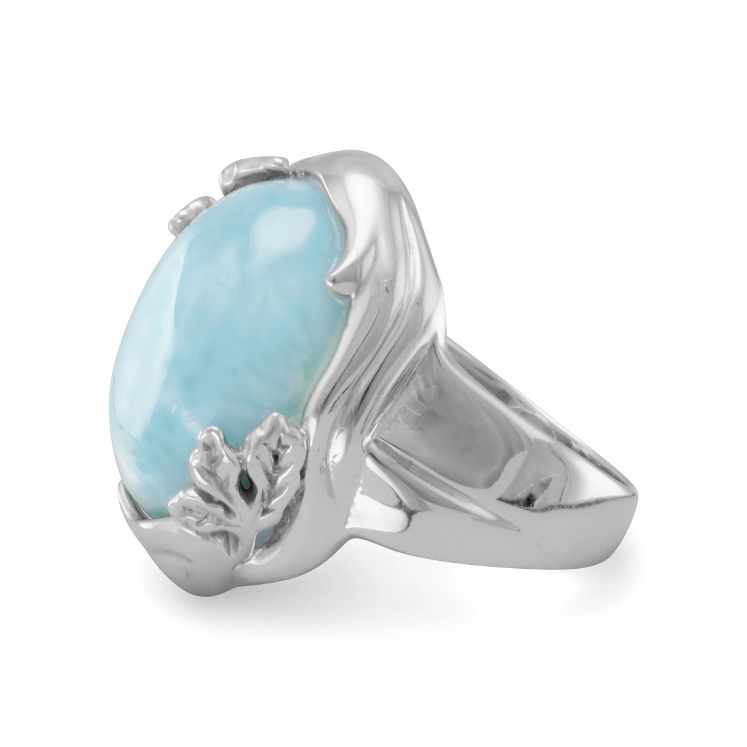 Lovely Appearance Atlantis Stone Larimar Ring Leaf and Vine Design Rhodium on Sterling Silver