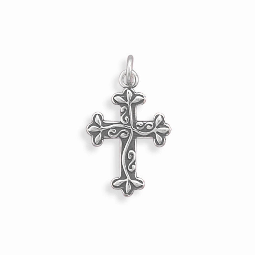Reversible Cross Charm Vine Design Sterling Silver, Pendant Only Sunlight Shine Stylish Craft