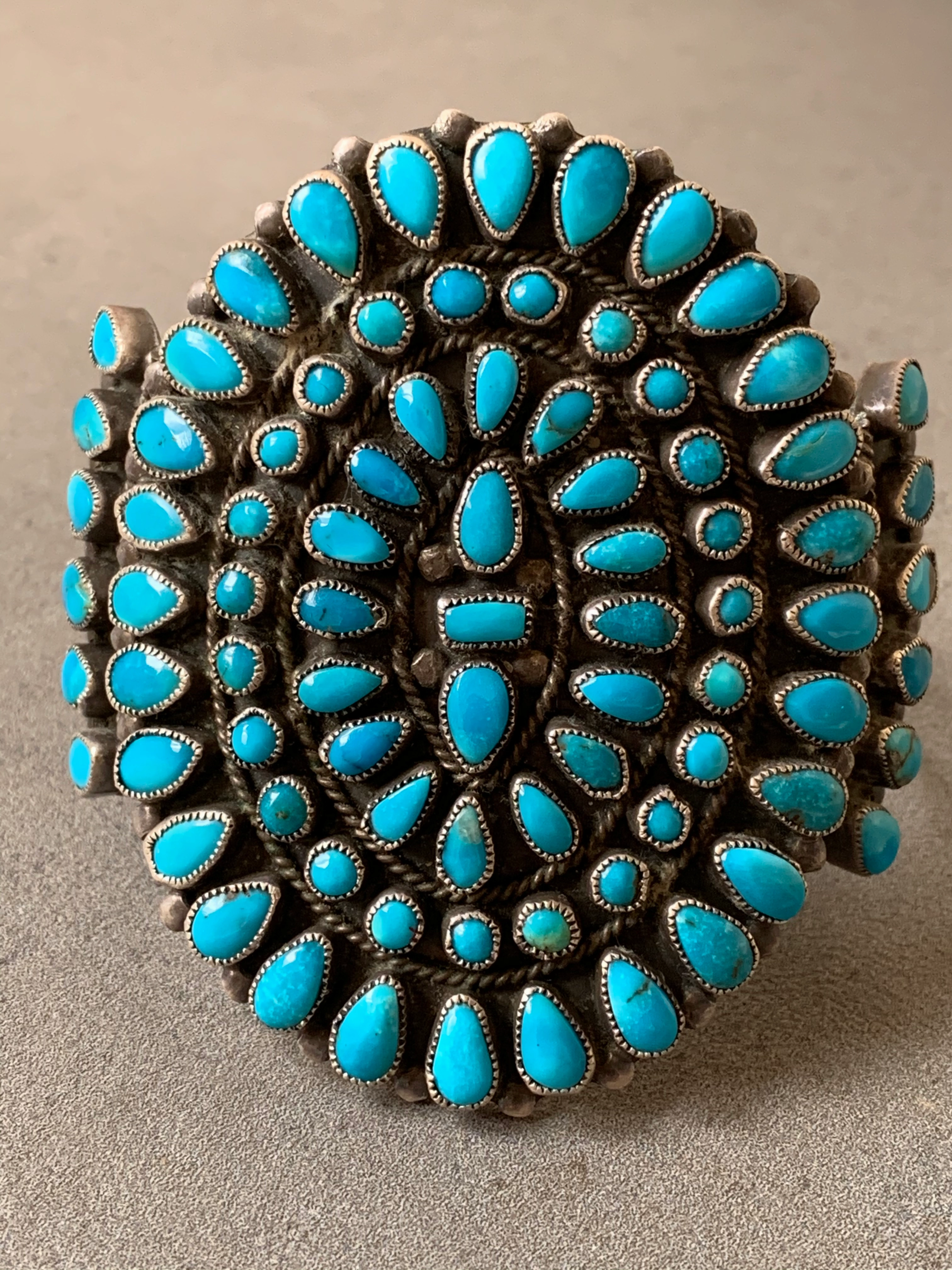 Stunning Finish Glamorous Detail Johnny Mike Begay Navajo Sterling Silver Turquoise Cluster Bracelet