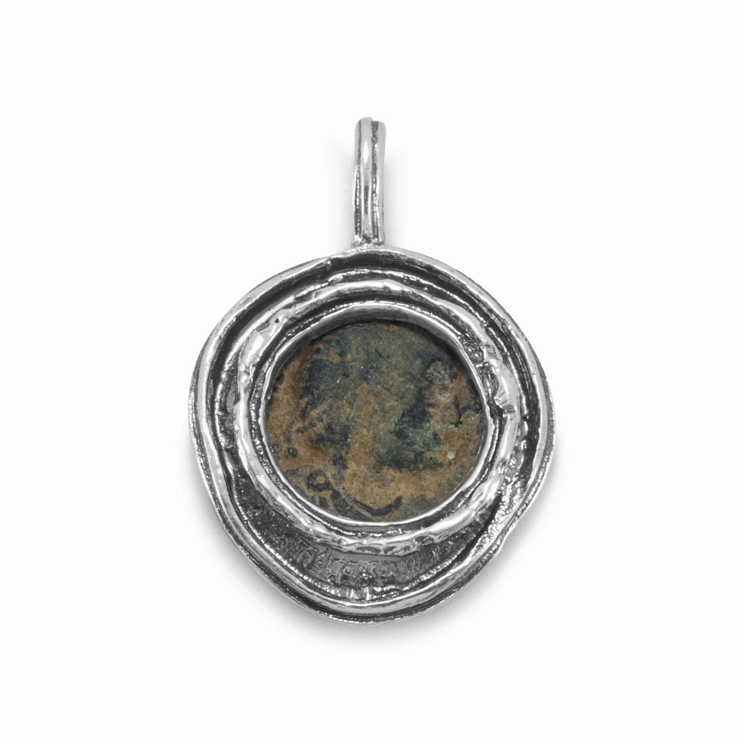 Layered Design Roman Bronze Coin Pendant Sterling Silver 3-4th Century A.D.