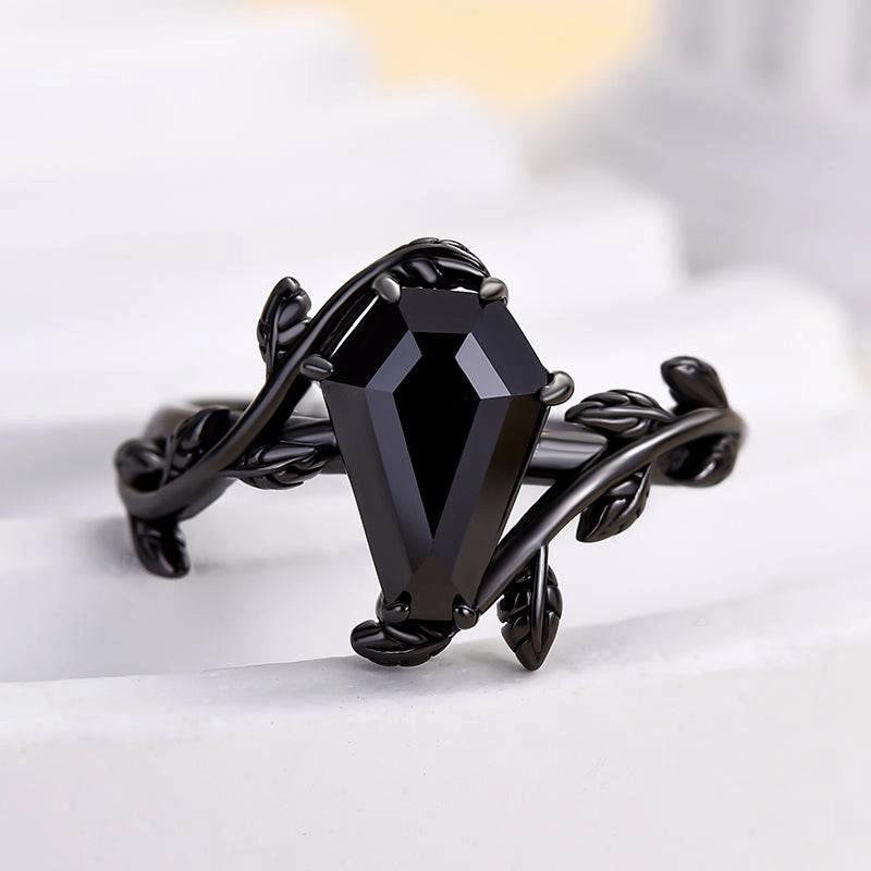 Louily Unique Leaf Design Black Stone Coffin Cut Engagement Ring In Sterling Silver Quiet Shine