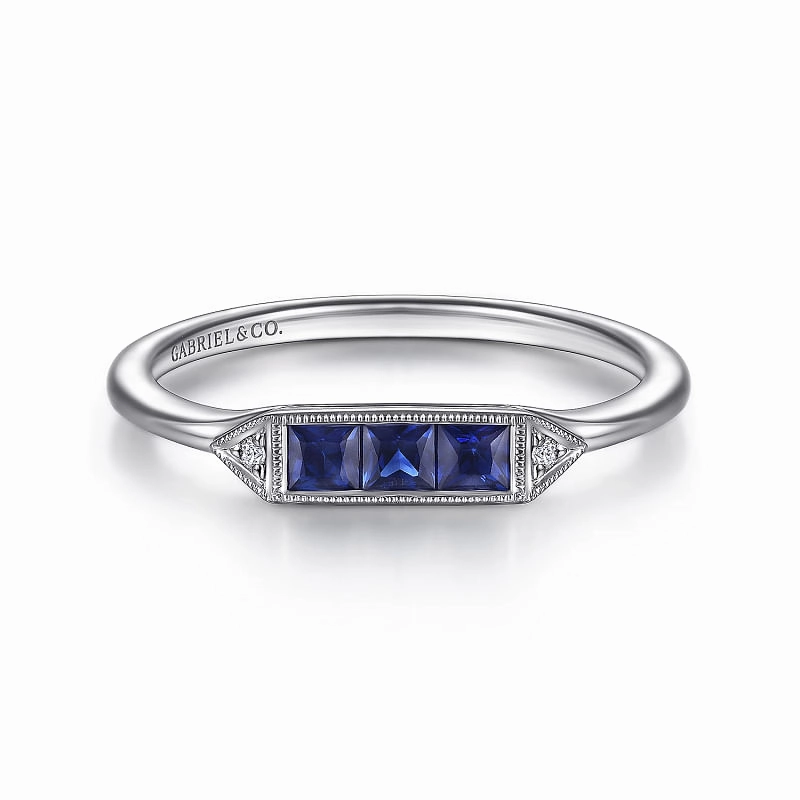 14K White Gold Diamond and Trio Princess Cut Sapphire Ladies Ring Luxury Accessory