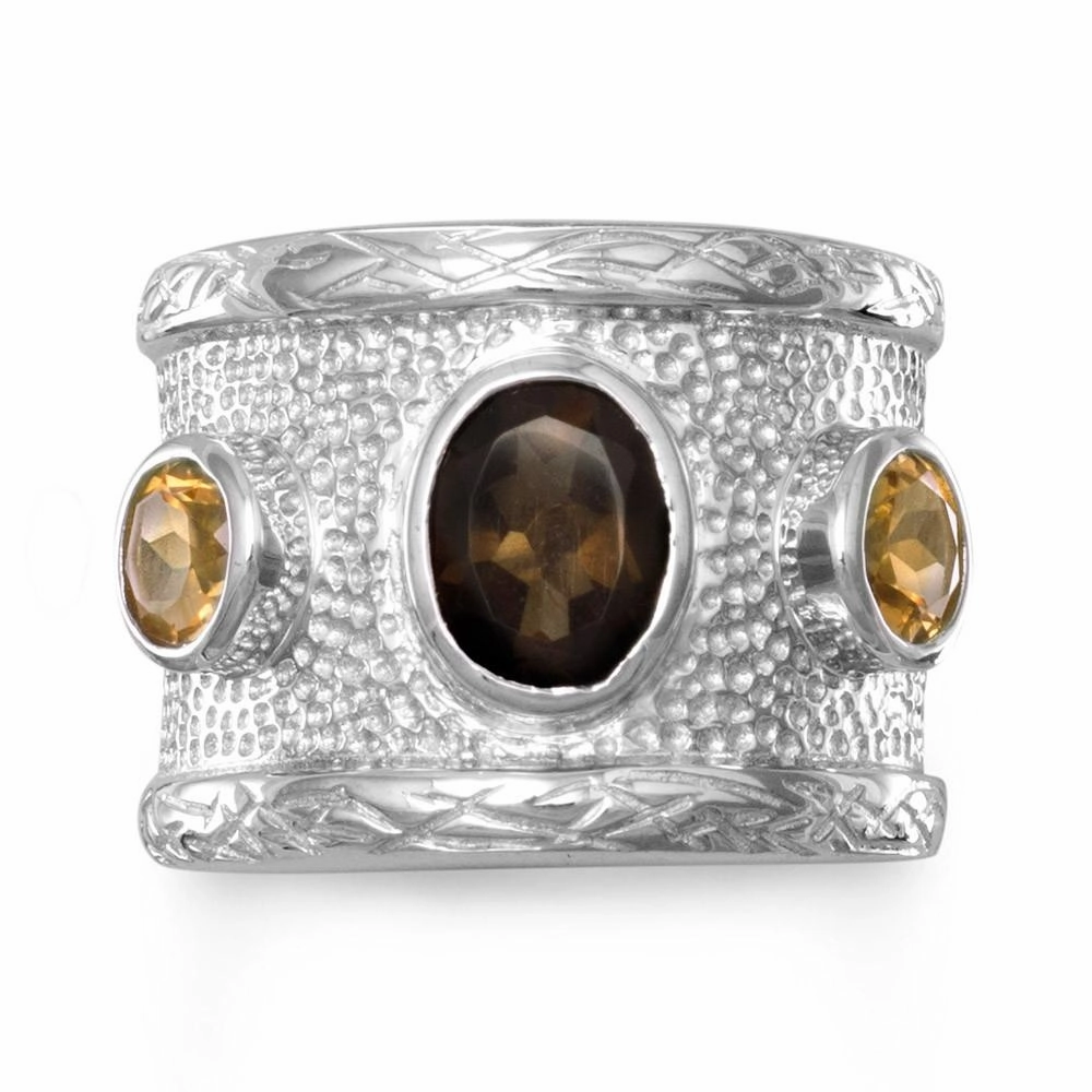 Wide Band Ring with Yellow Citrine and Smoky Quartz Sterling Silver, Sizes 6-10 Inspiring Jewelry