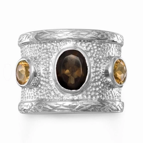 Wide Band Ring with Yellow Citrine and Smoky Quartz Sterling Silver, Sizes 6-10 Inspiring Jewelry