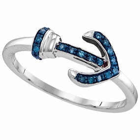 Style Boost Special Appearance Anchor Ring with Genuine Blue Diamonds 1/20 CTW Rhodium on Sterling Silver 19 Diamonds, 5