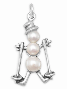 Skiing Snowman Charm with Cultured Freshwater Pearls Sterling Silver Vibrant Form