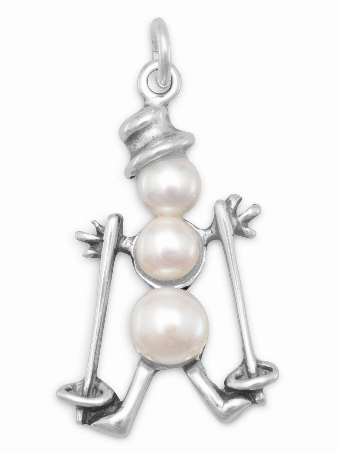 Skiing Snowman Charm with Cultured Freshwater Pearls Sterling Silver Vibrant Form