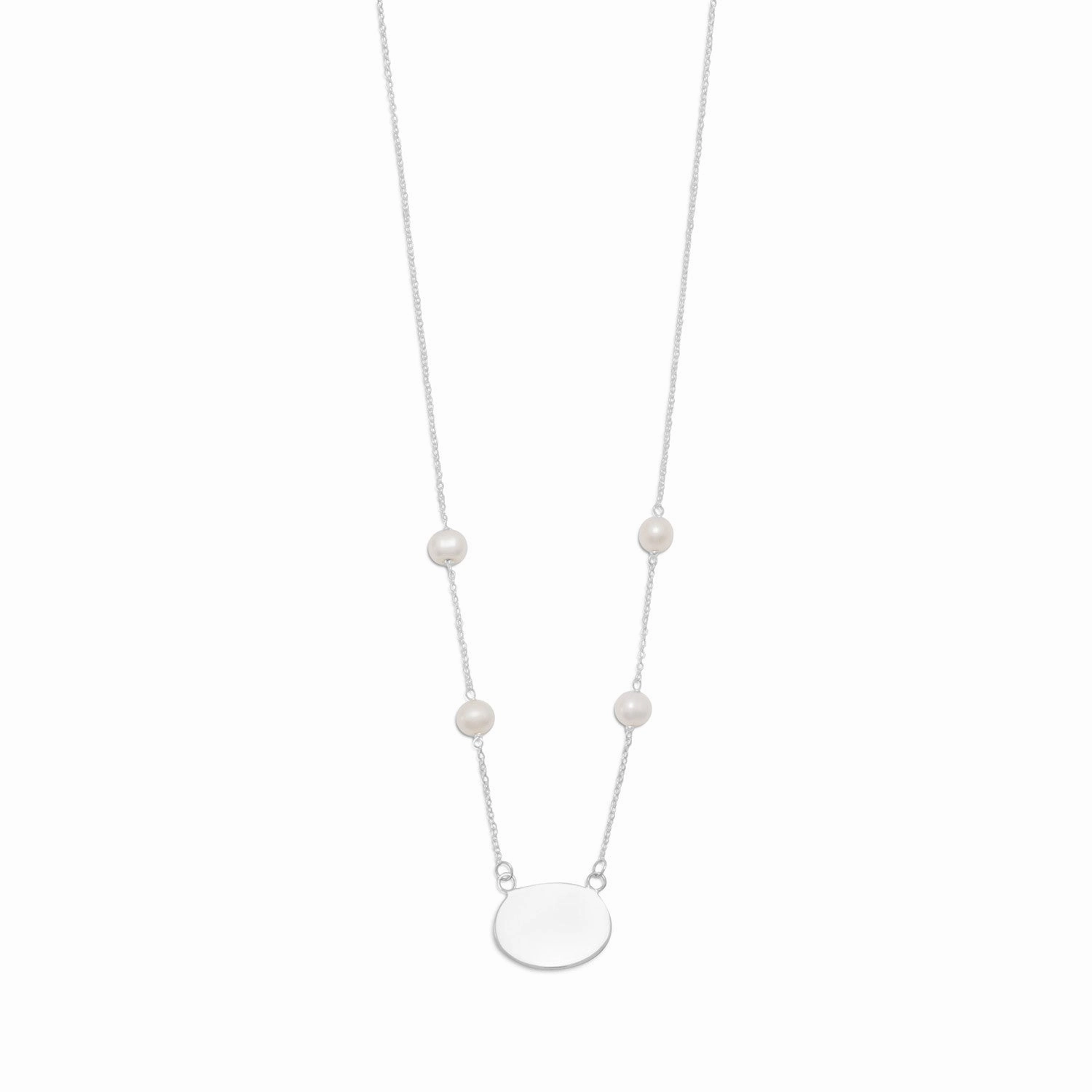 White Cultured Freshwater Pearls and Oval Tag Engraveable Chain Sterling Silver Necklace Elegant Highlight Quick Fit