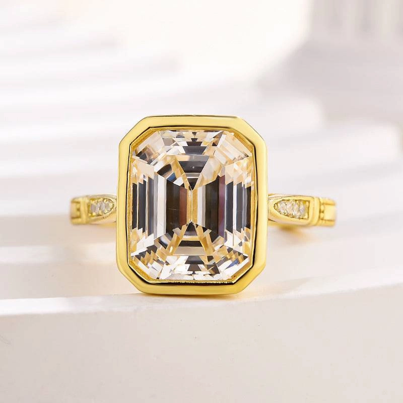 Glam Style Trendy Style Louily Luxurious Yellow Gold Emerald Cut Bezel Engagement Ring In Sterling Silver