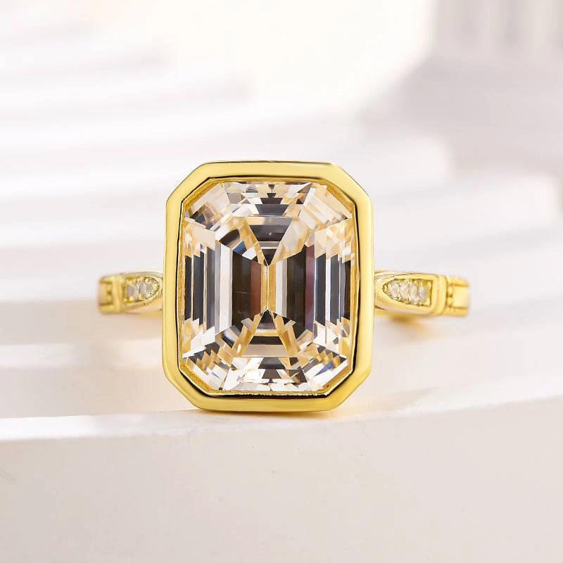 Elegant Features Sophisticated Sparkle Louily Luxurious Yellow Gold Emerald Cut Bezel Engagement Ring In Sterling Silver