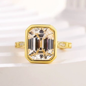 Louily Luxurious Yellow Gold Emerald Cut Bezel Engagement Ring In Sterling Silver Petite Touch Opulent Design