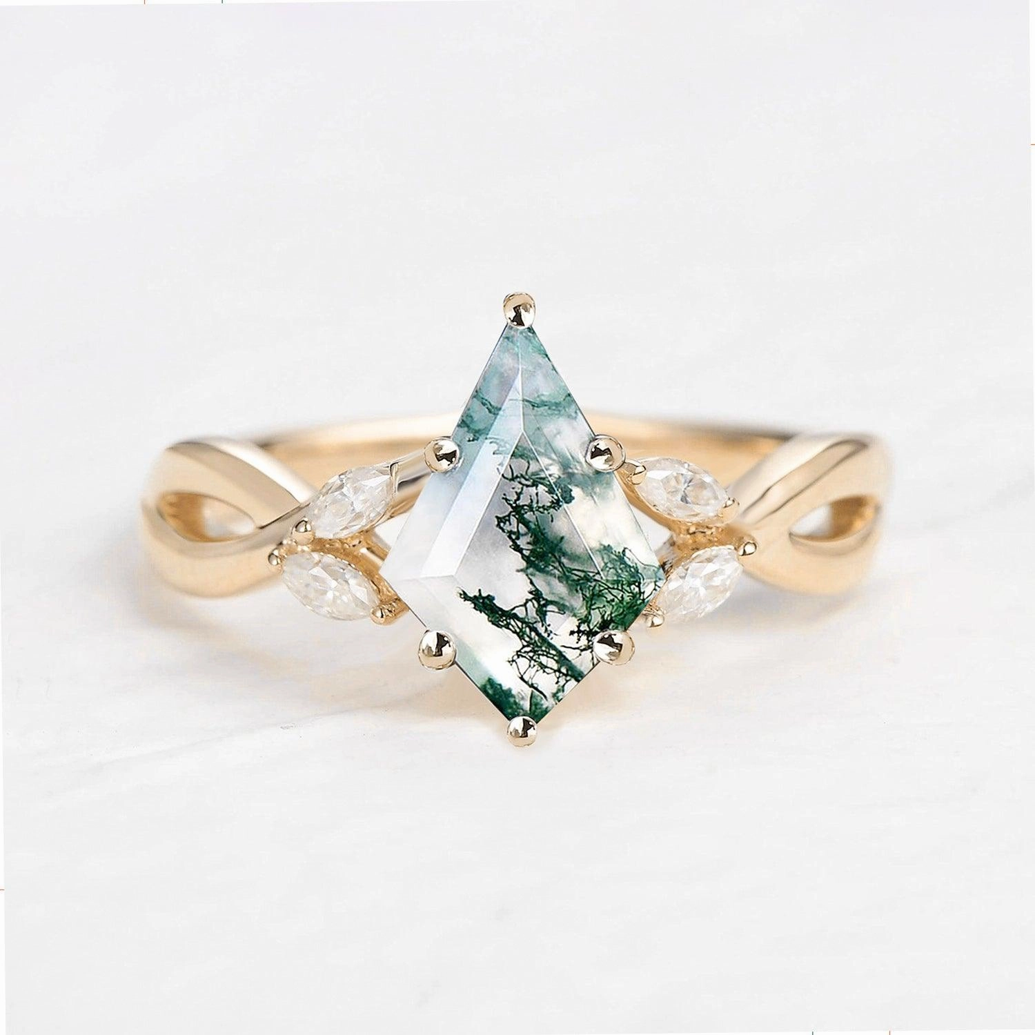 1.5ct Kite Shaped Moss Agate Infinity Engagement Ring - Ori Exquisite Touch Fashionable Shine
