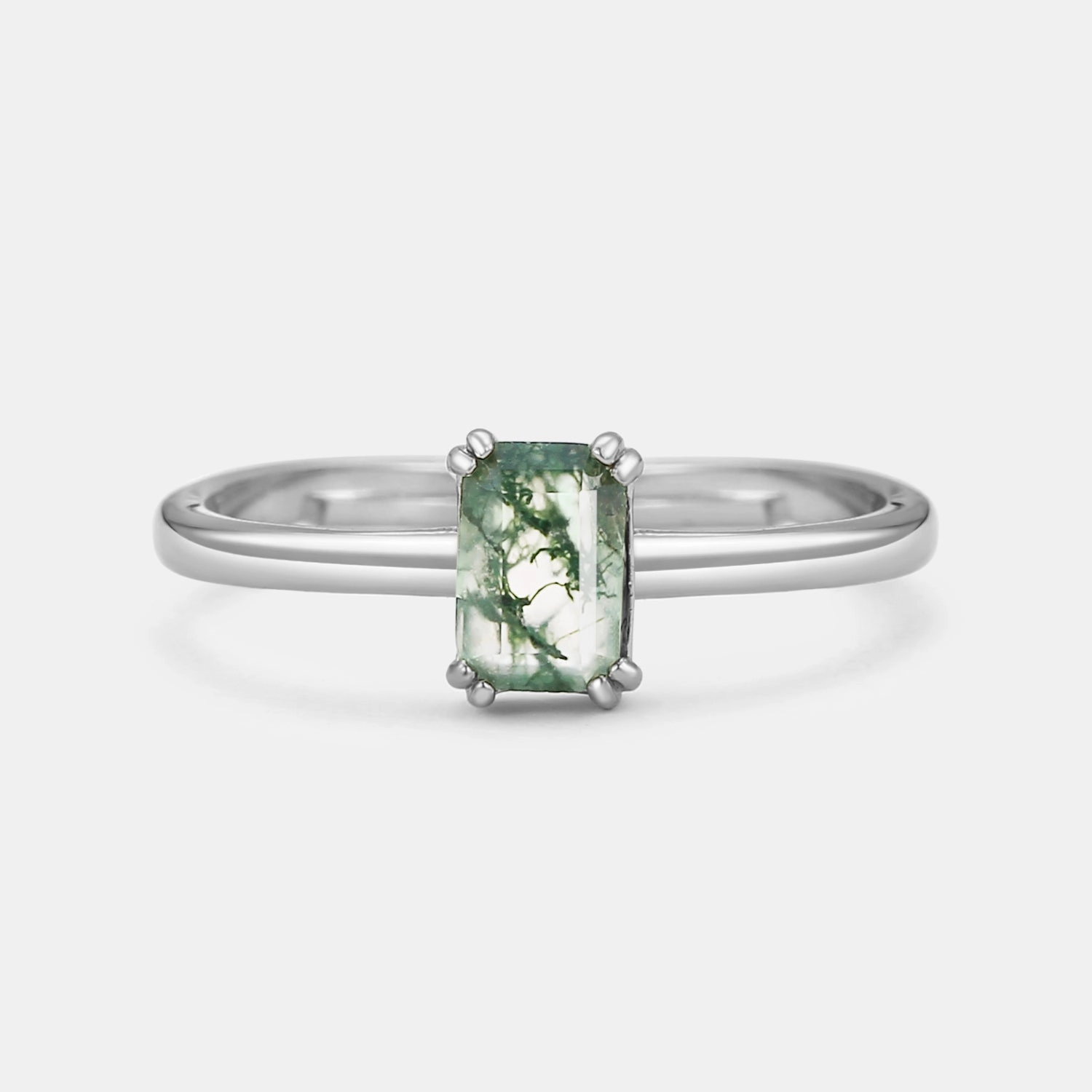 Emerald Cut Moss Agate Solitaire Engagement Ring Statement Vibe