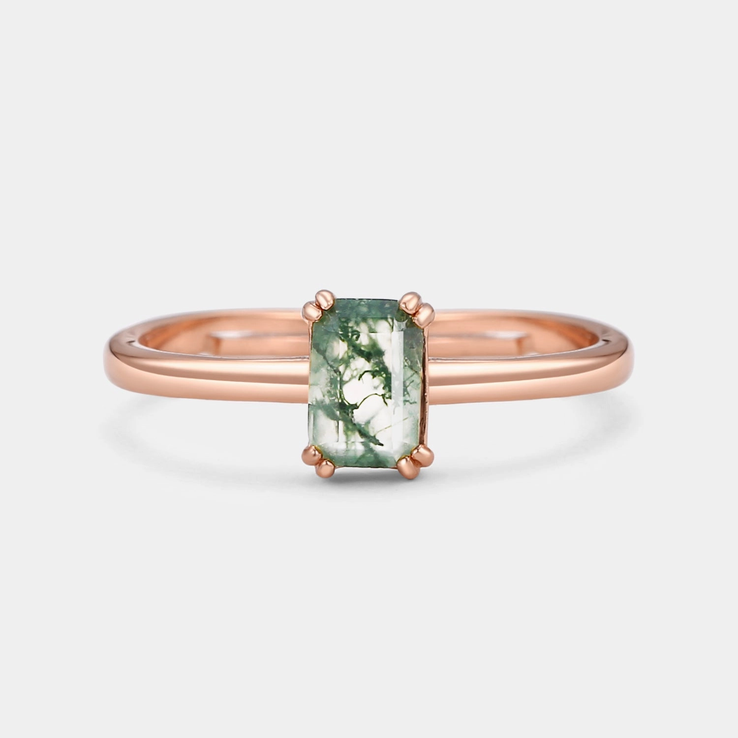 Smooth Lines Emerald Cut Moss Agate Solitaire Engagement Ring