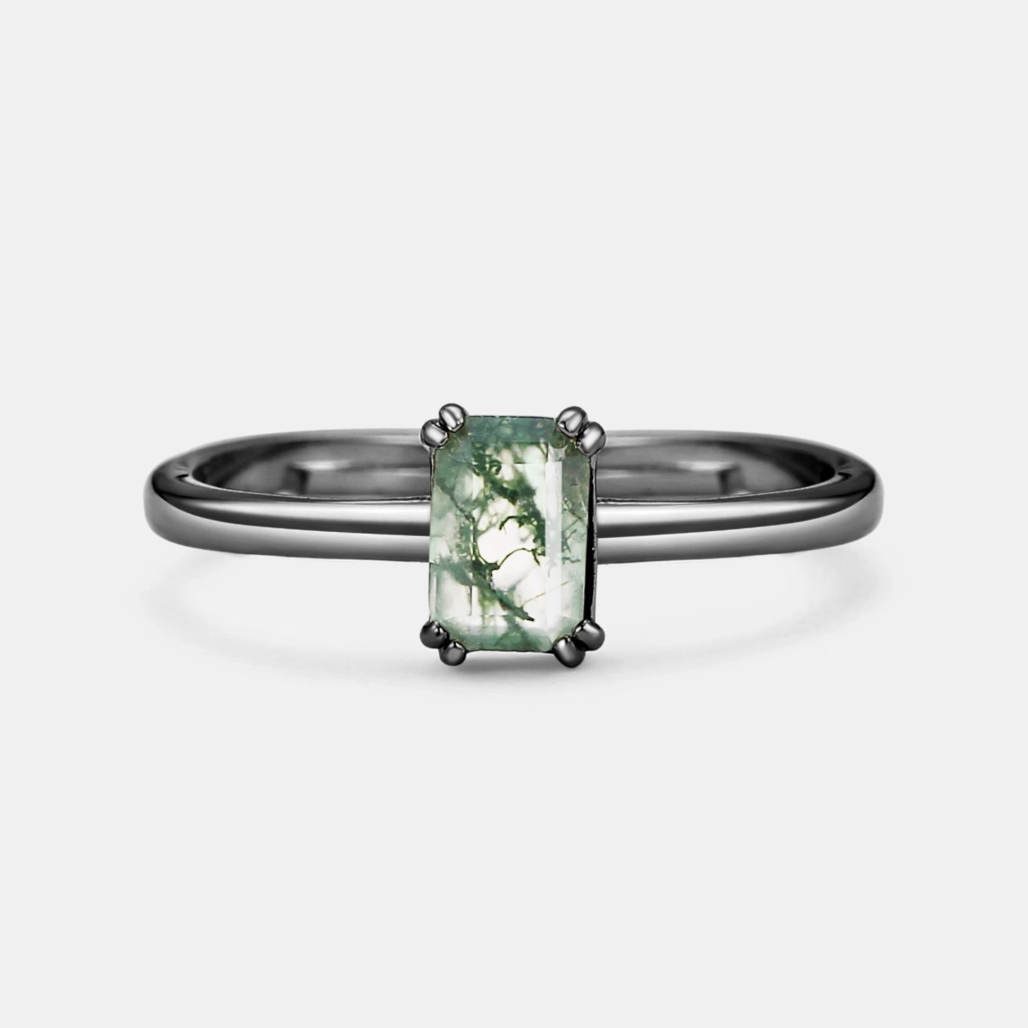 Emerald Cut Moss Agate Solitaire Engagement Ring Fashion highlight Inspired Accent