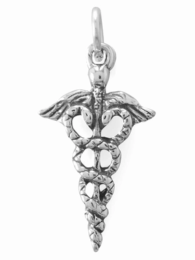 Caduceus Charm Sterling Silver with Antique Finish Sophisticated Finish