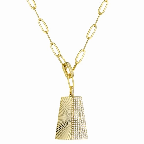 Artful Detail Layer Ready Gold Plated Trapezoid Sunburst Necklace with Cubic Zirconia on Paperclip Chain Adjustable