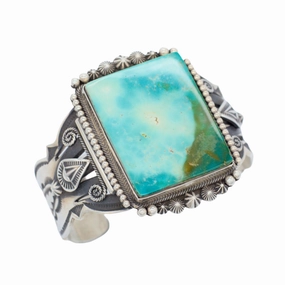 Allure Accent Shiny Lines Aaron Toadlena Handmade Navajo Sterling Silver Natural Turquoise Bracelet