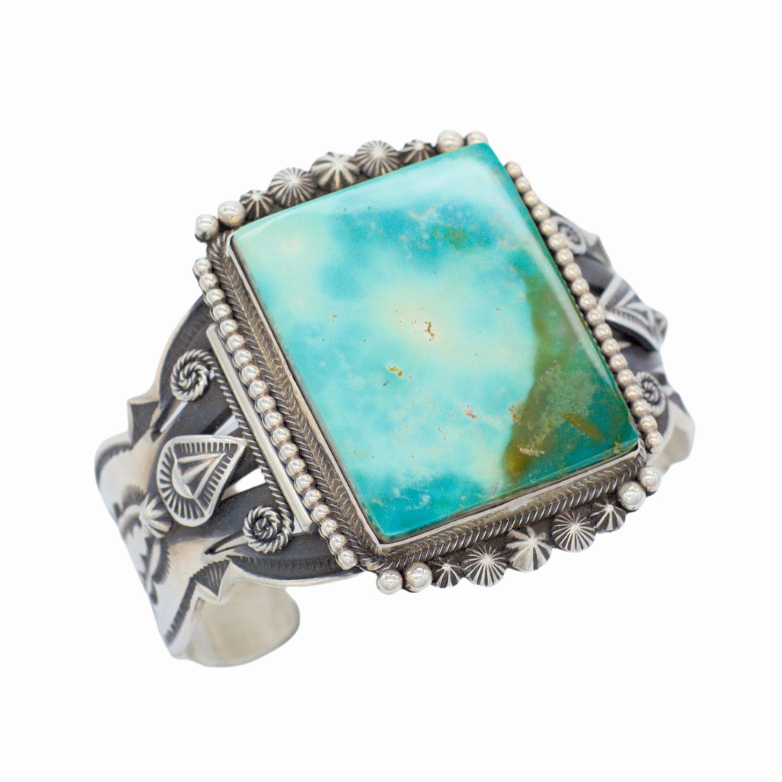 Allure Accent Shiny Lines Aaron Toadlena Handmade Navajo Sterling Silver Natural Turquoise Bracelet