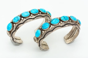 Fred Thompson Navajo Handmade Sterling Silver Turquoise Matching Cuff Bracelets Set Dress Up Time All Occasion