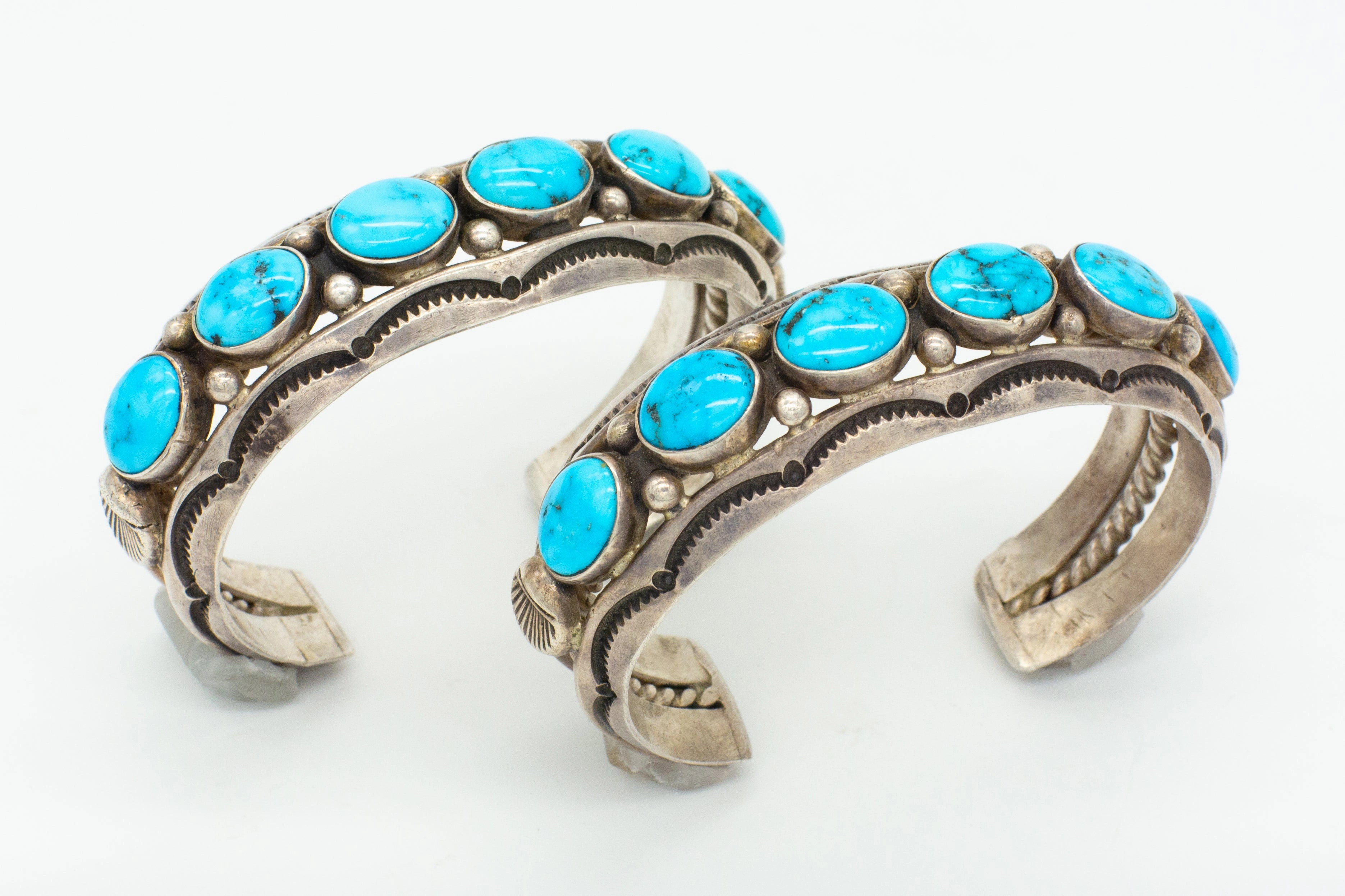 Fred Thompson Navajo Handmade Sterling Silver Turquoise Matching Cuff Bracelets Set Dress Up Time All Occasion