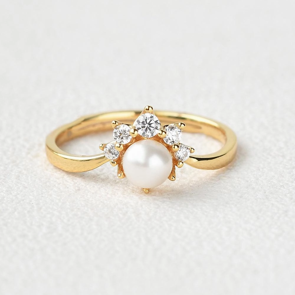 Favorite Accent Akoya Pearl & Round Cut Moissanite Yellow Gold Ring