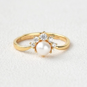 Favorite Accent Akoya Pearl & Round Cut Moissanite Yellow Gold Ring