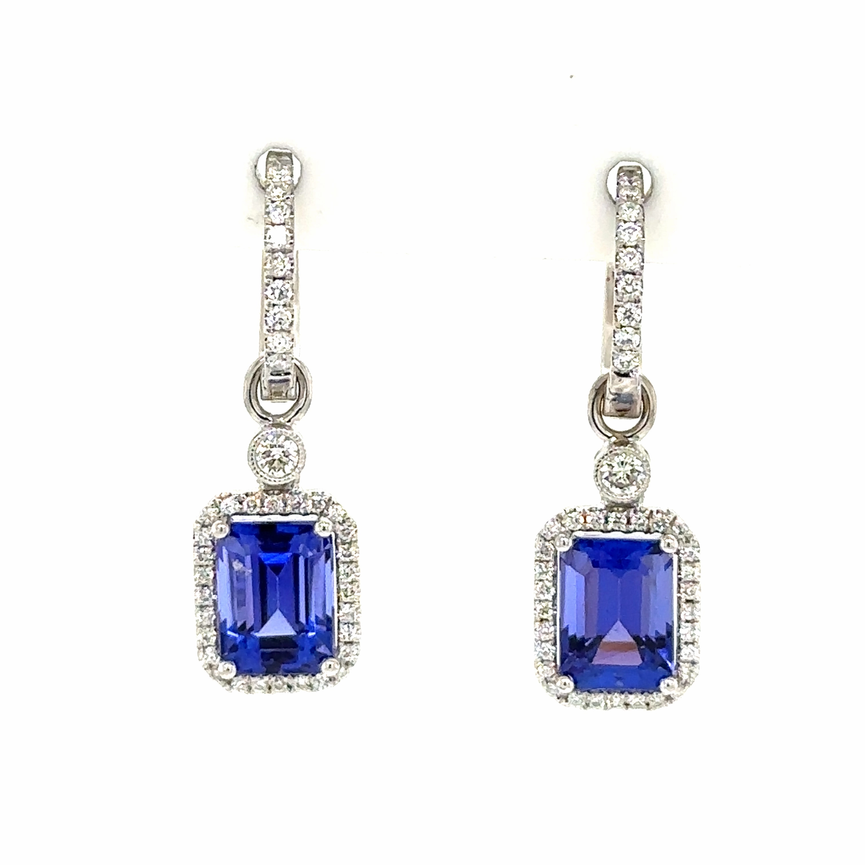 Estate Simon G Emerald Shape Tanzanites and Diamond Dangle Earrings in 18K White Gold (3.63ctw) Large Accent Geometric Accessory
