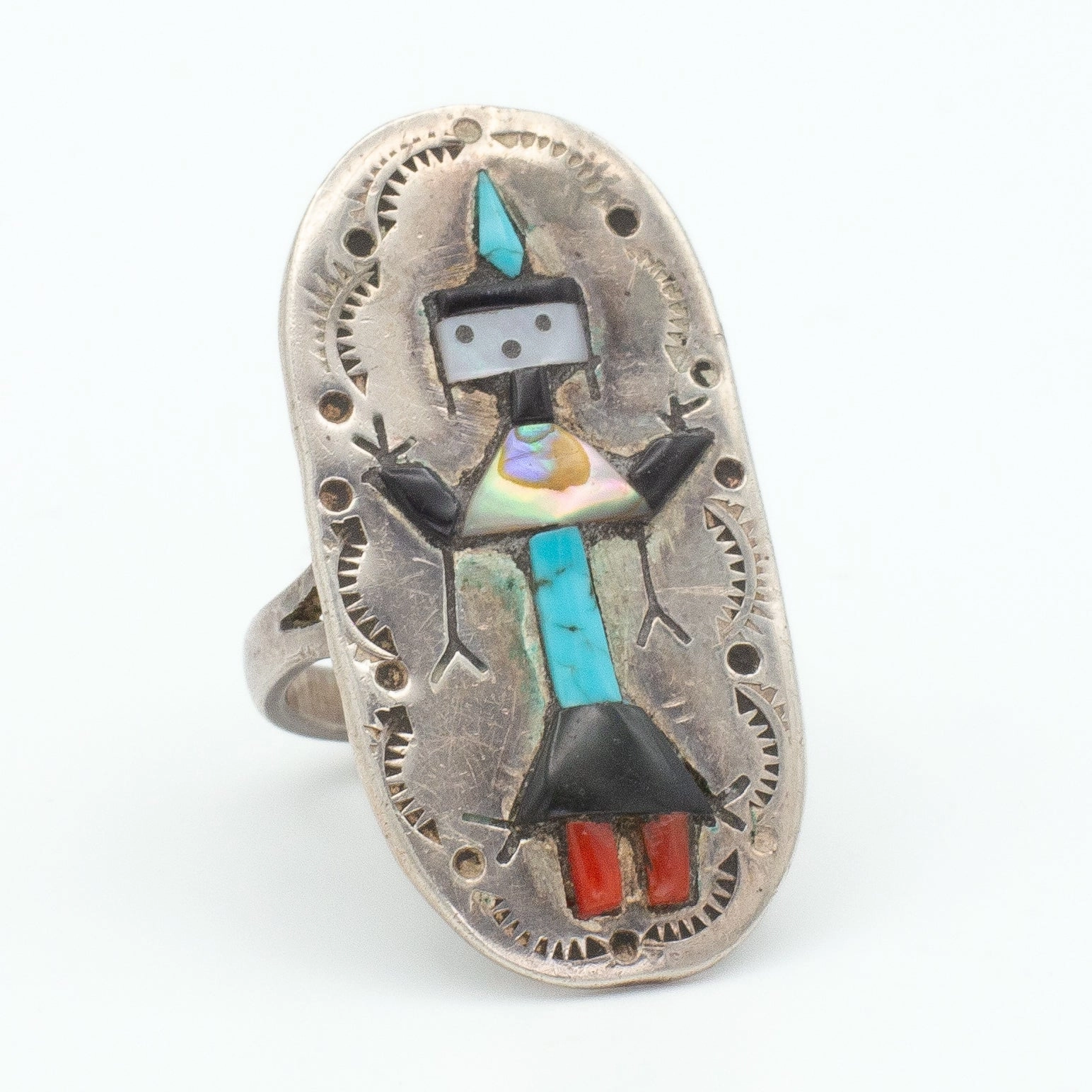 Navajo Handmade Sterling Silver Turquoise Coral Ring (Hallmark Unknown) (Size 8) Allure Edge