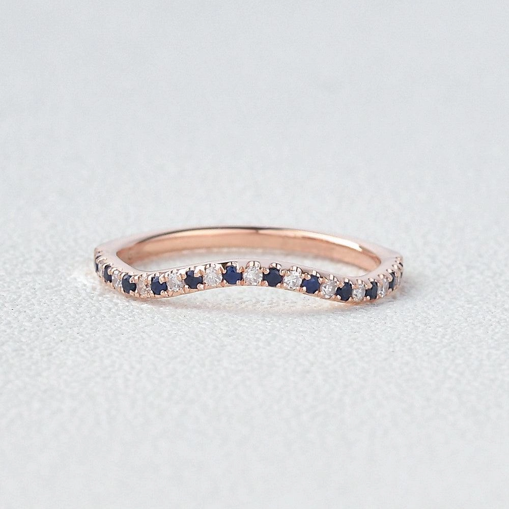 Blue Sapphire & Moissanite Wedding Band Classy Accent Smooth Detail