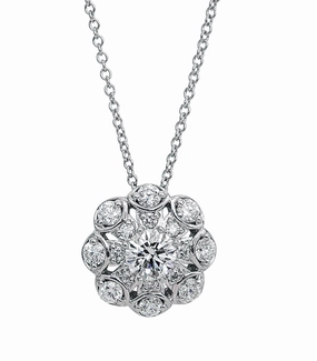 Artistic Accent Couple Gift Estate 18K White Gold Round Shape Diamond and Diamond Cluster Necklace (.80ctw)