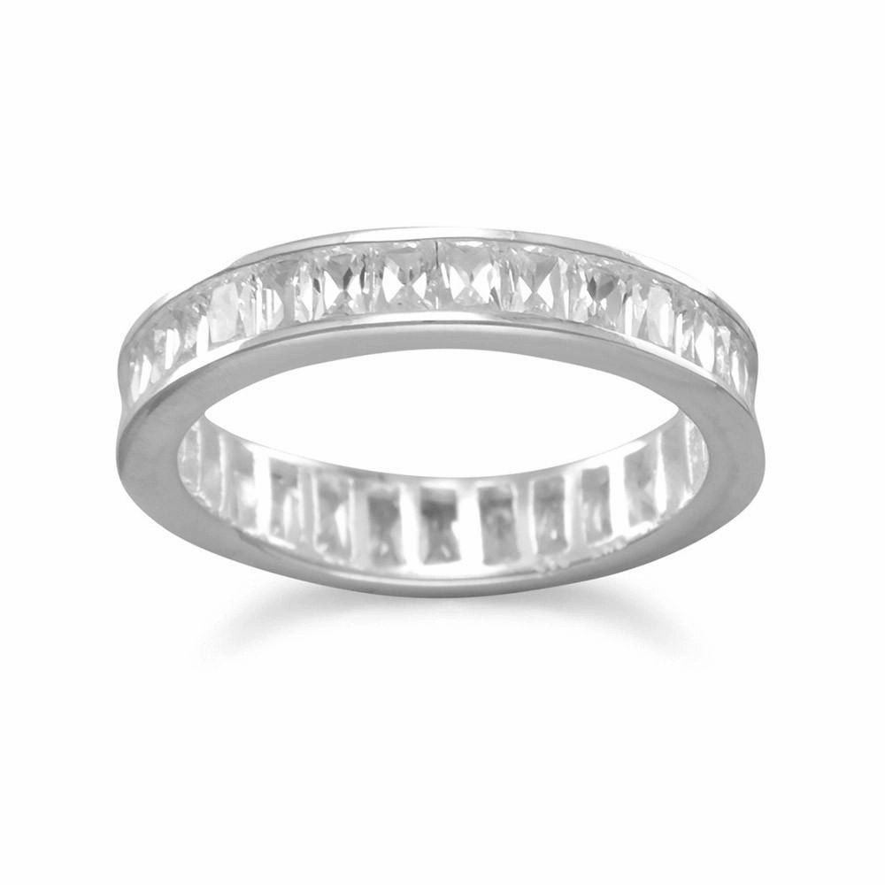 Eternity Band Ring with Baguette Cut Cubic Zirconia Sterling Silver Synthetic Make