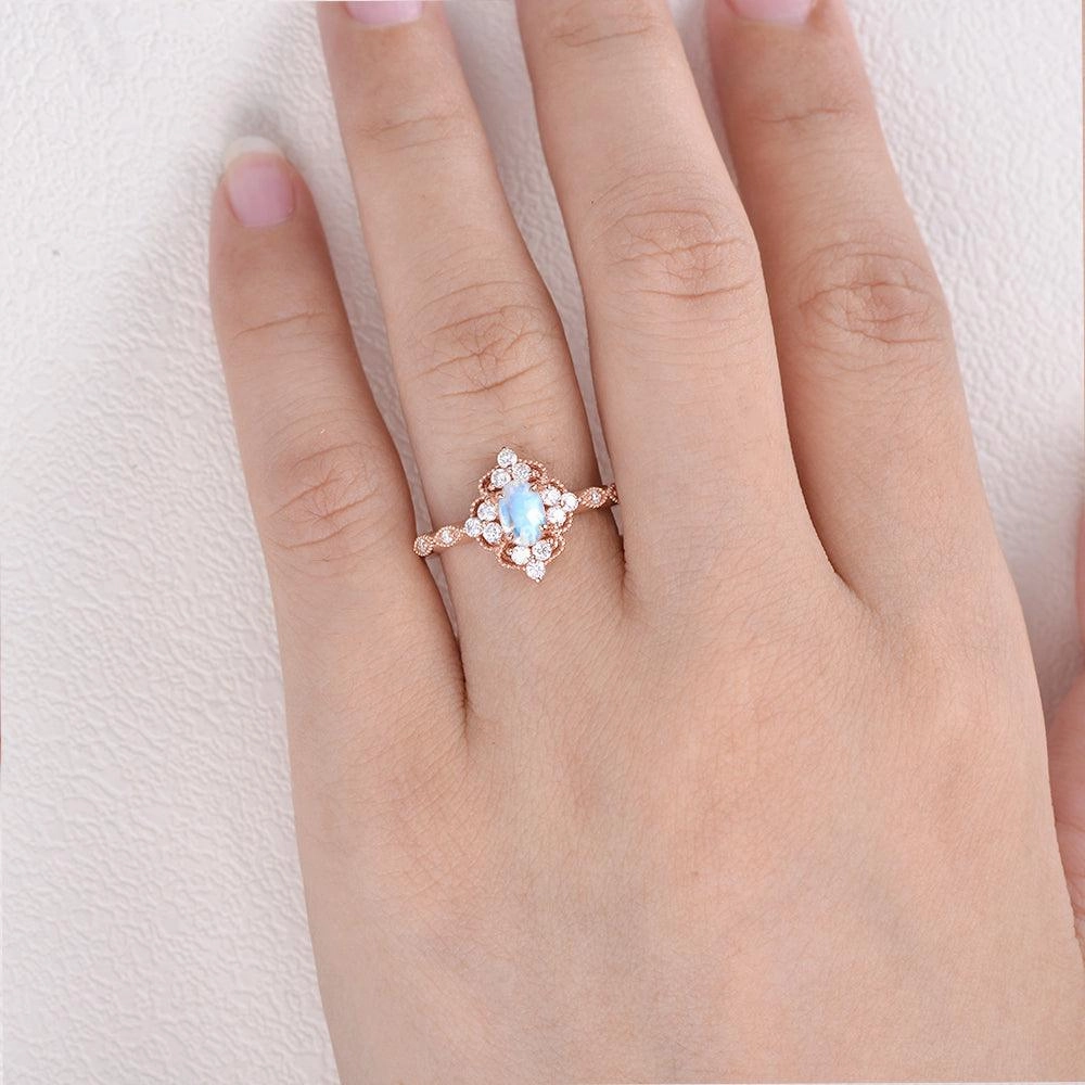 Polished Sparkle Trend Setter Moonstone & Moissanite Vintage Inspired Ring