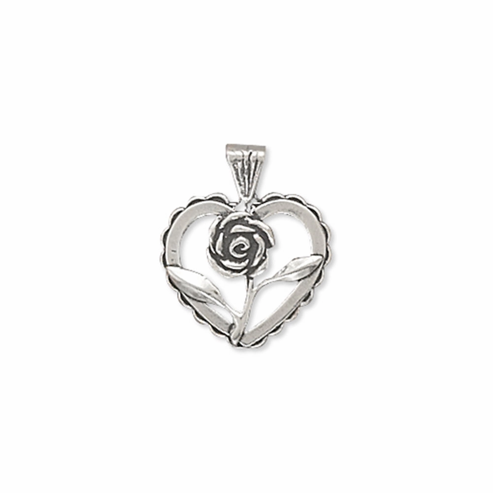 Heart with Rose Charm Pendant Antiqued Sterling Silver, Pendant Only - Made in the USA Seasonal Sparkle Fresh Edge