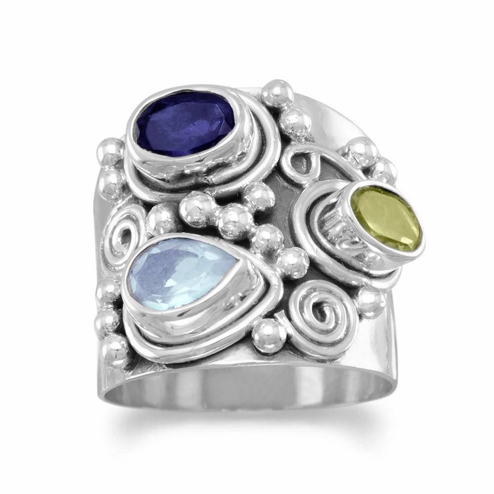 Delicate Look Timeless Structure Etruscan Wide Band Three Stone Iolite, Peridot, Blue Topaz Sterling Silver Ring