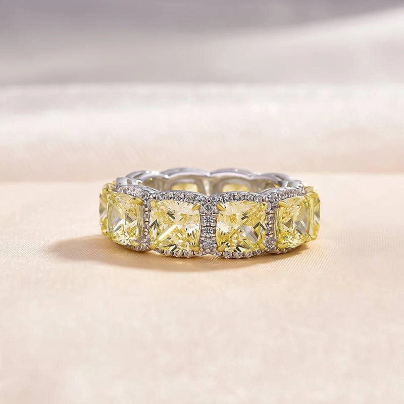 Louily Luxurious Halo Cushion Cut Yellow Sapphire Wide Wedding Band for Her In Sterling Silver Silken Touch Flawless Glow