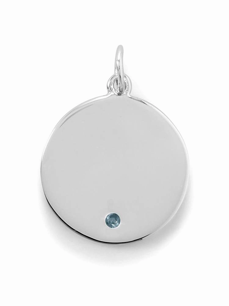 Round Tag Pendant Charm March Cubic Zirconia Sterling Silver Engravable Polished Details