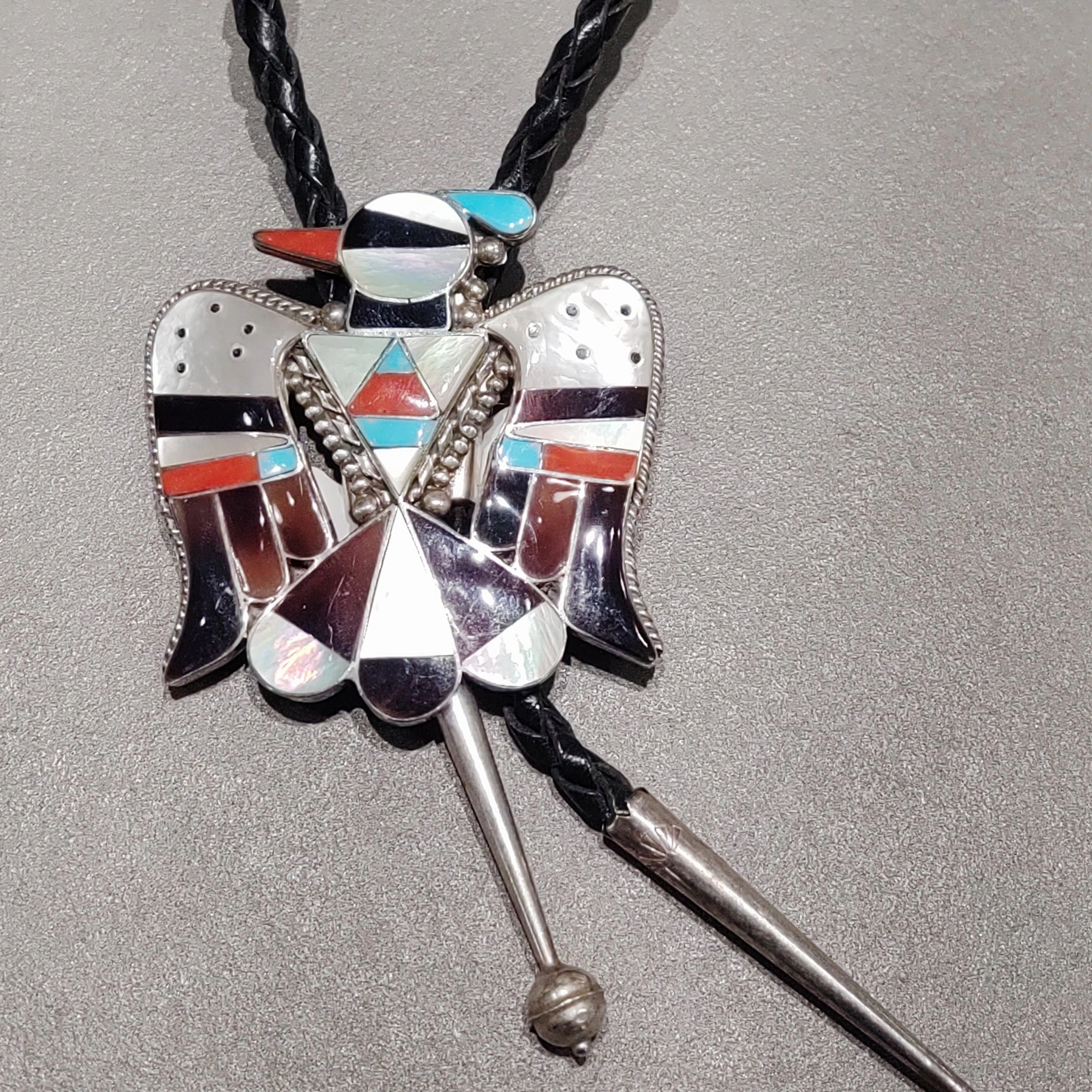 Pastel Light Bobbie and Corrine Shack Zuni Thunderbird Sterling Silver Bolo - Handmade Native American