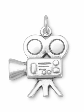 Movie Camera Charm 3-D Sterling Silver Highlight Feature