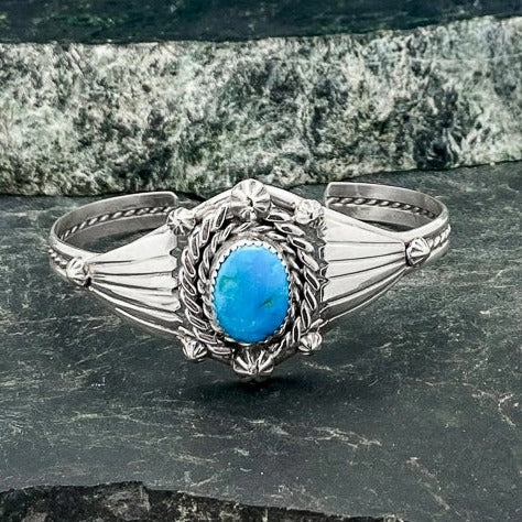 Exceptional Navajo  Sterling Cuff With Turquoise Glow Accent Golden Light