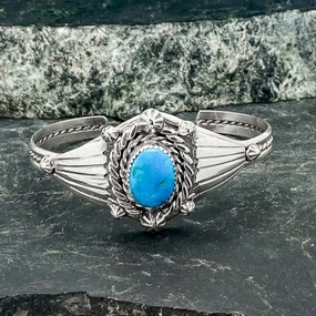Exceptional Navajo  Sterling Cuff With Turquoise Glow Accent Golden Light