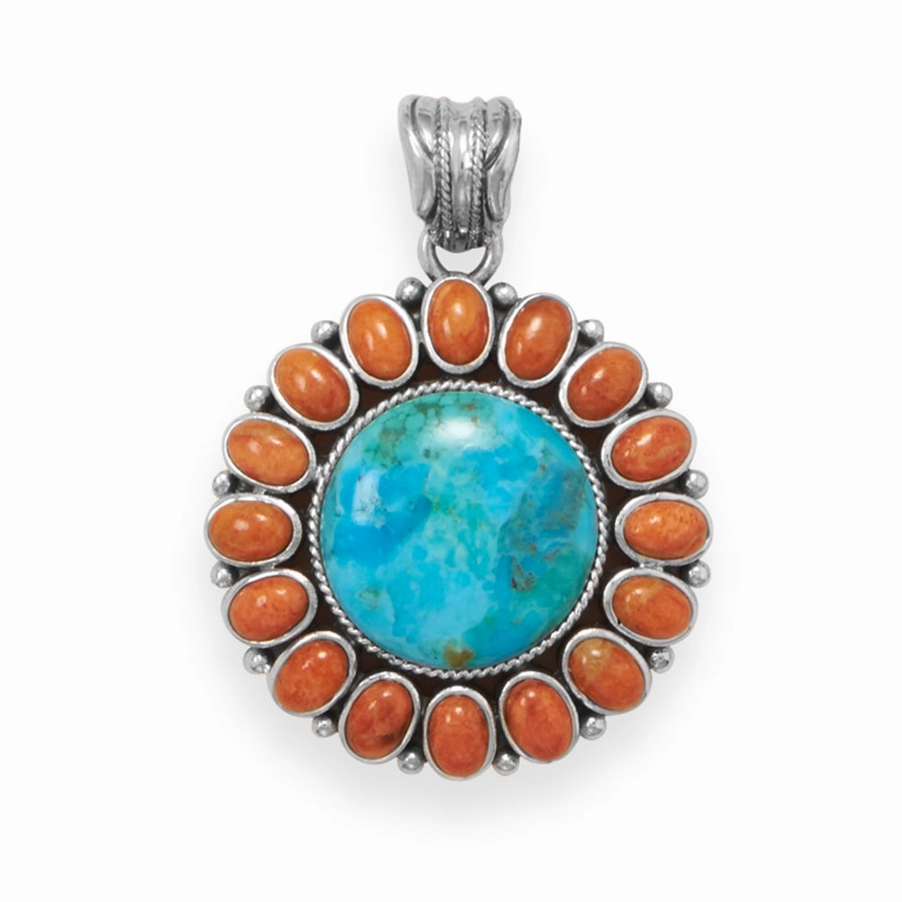 Holiday Gift Reconstituted Turquoise and Red Coral Sun Pendant Antiqued Sterling Silver - Pendant Only