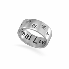Branded Symbol Paw Print Band Ring with Inscription - Unconditional Love - Sterling Silver